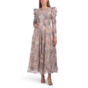 MAC DUGGAL Taupe Puff Sleeve Embellished Tea-length Gown
